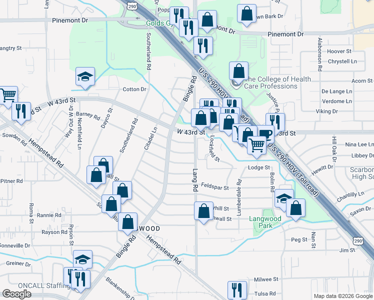 map of restaurants, bars, coffee shops, grocery stores, and more near 6621 Midfield Drive in Houston