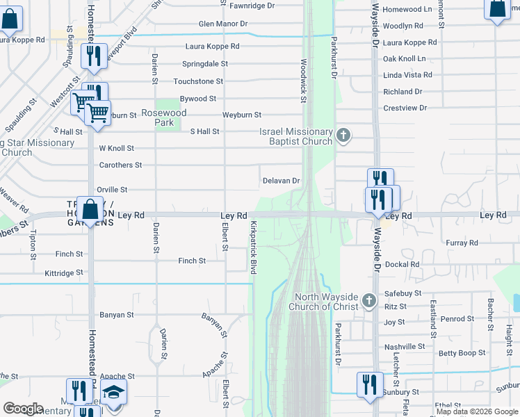 map of restaurants, bars, coffee shops, grocery stores, and more near 7518 Orville Street in Houston