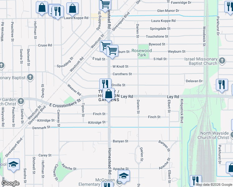 map of restaurants, bars, coffee shops, grocery stores, and more near 7119 Ley Road in Houston