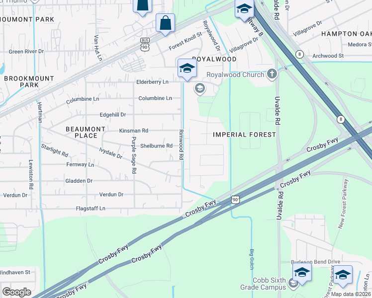 map of restaurants, bars, coffee shops, grocery stores, and more near 7400-7498 Rimwood Rd in Houston