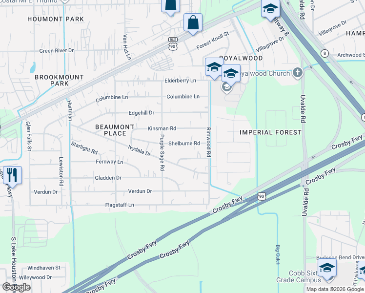 map of restaurants, bars, coffee shops, grocery stores, and more near 13306 Shelburne Road in Houston