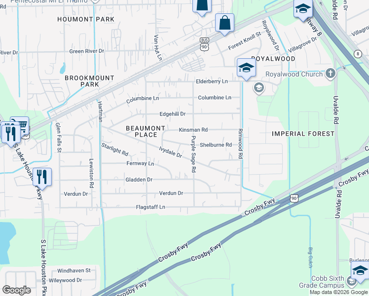 map of restaurants, bars, coffee shops, grocery stores, and more near 13134 Shelburne Road in Houston