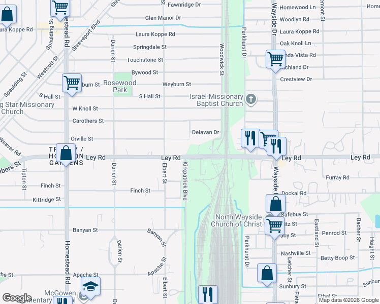 map of restaurants, bars, coffee shops, grocery stores, and more near 7518 Orville Street in Houston