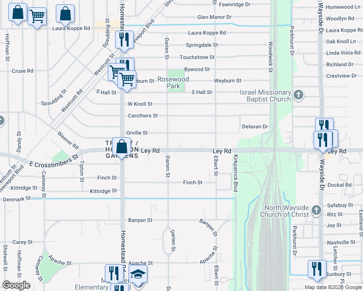 map of restaurants, bars, coffee shops, grocery stores, and more near 7332 Orville Street in Houston