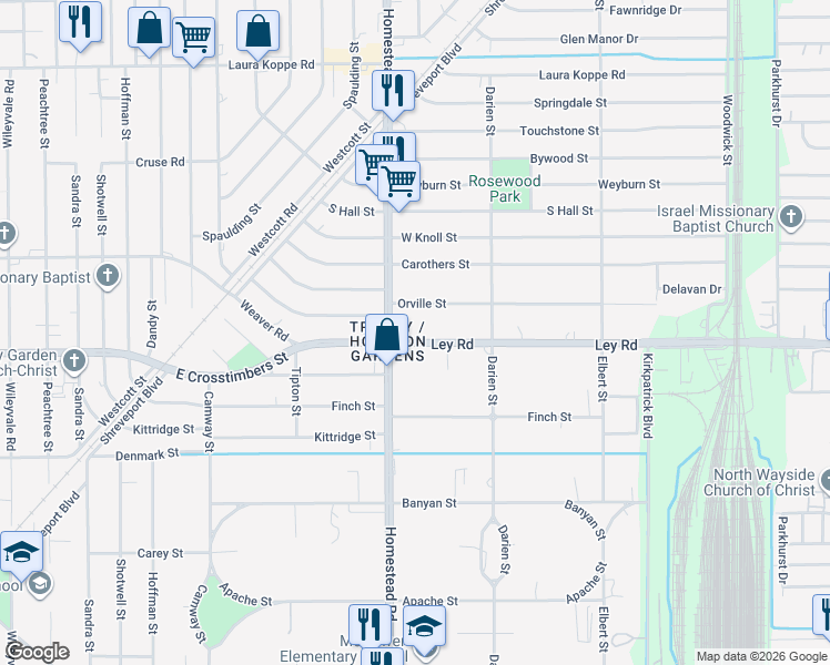 map of restaurants, bars, coffee shops, grocery stores, and more near 7119 Ley Road in Houston