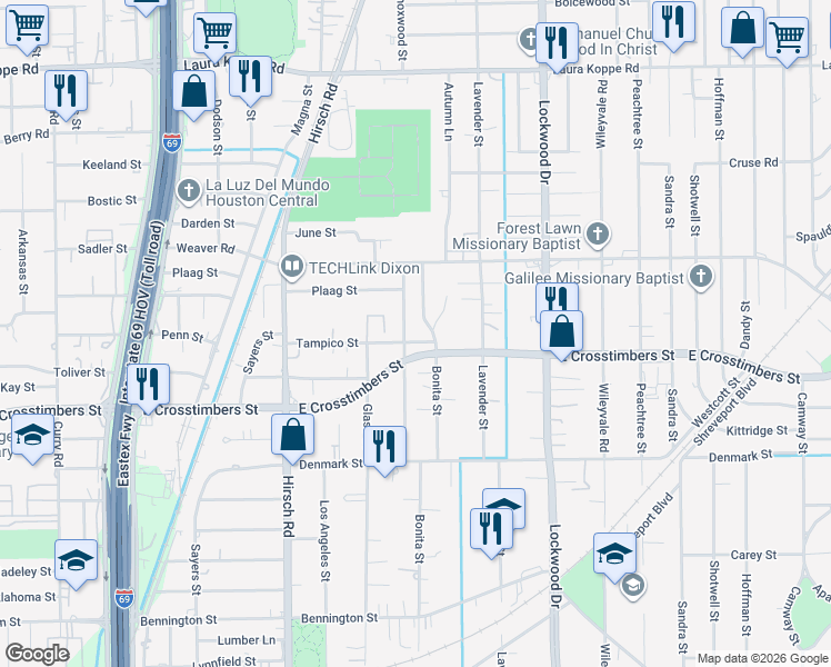map of restaurants, bars, coffee shops, grocery stores, and more near 7909 Bonita Street in Houston