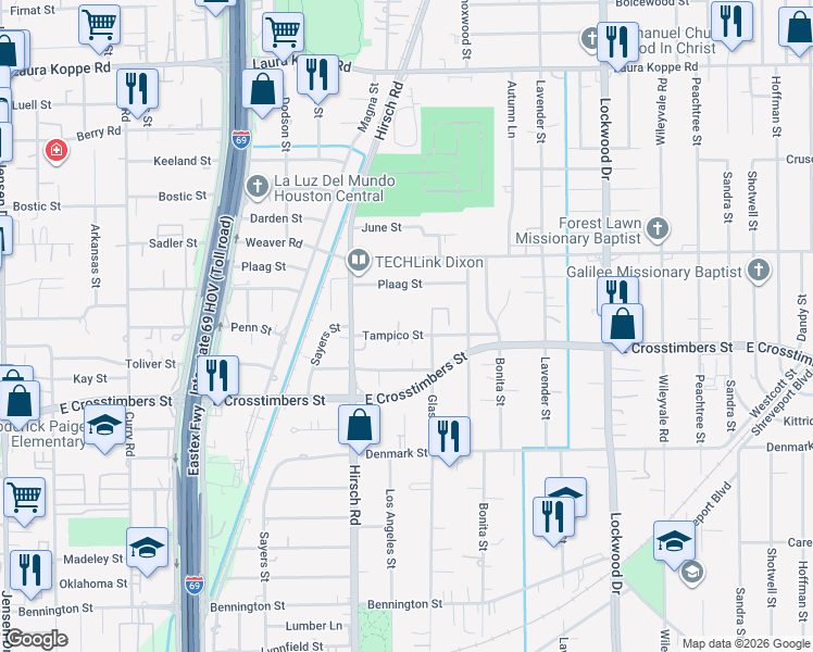 map of restaurants, bars, coffee shops, grocery stores, and more near 4329 Tampico Street in Houston