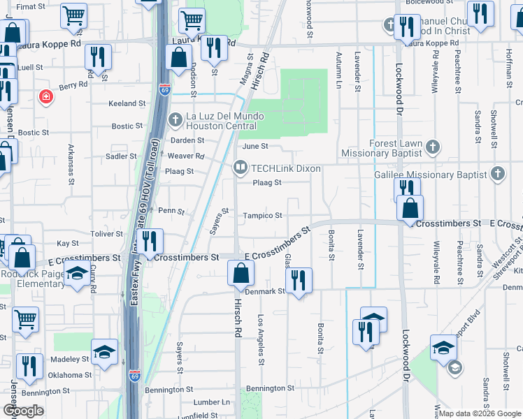 map of restaurants, bars, coffee shops, grocery stores, and more near 4213 Tampico Street in Houston