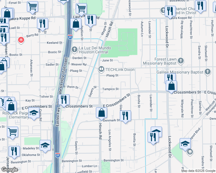 map of restaurants, bars, coffee shops, grocery stores, and more near 4213 Tampico Street in Houston