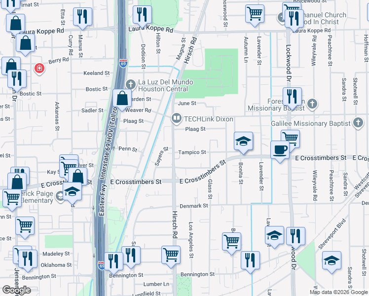 map of restaurants, bars, coffee shops, grocery stores, and more near 4213 Tampico Street in Houston
