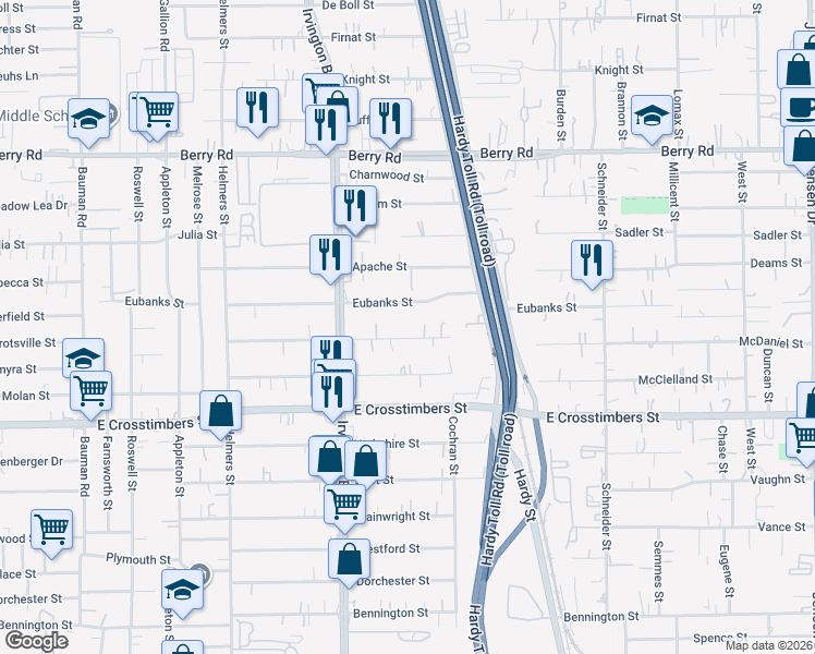 map of restaurants, bars, coffee shops, grocery stores, and more near 1100 Eubanks Street in Houston