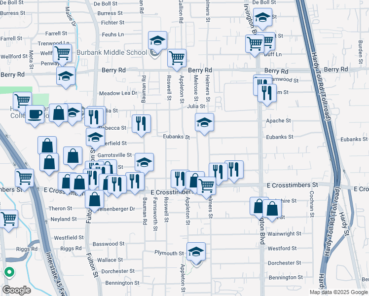 map of restaurants, bars, coffee shops, grocery stores, and more near 427 Garrotsville Street in Houston
