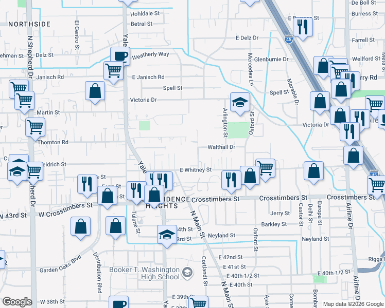 map of restaurants, bars, coffee shops, grocery stores, and more near 4523 Werner Street in Houston