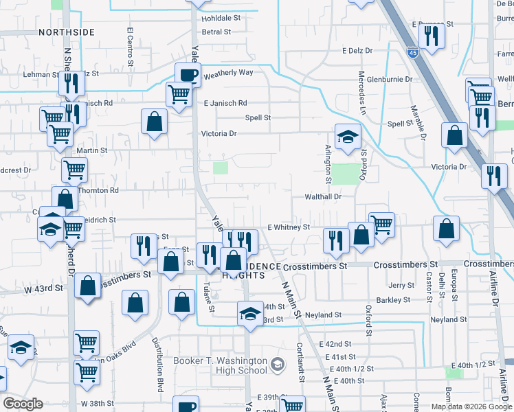 map of restaurants, bars, coffee shops, grocery stores, and more near 4550 Lelay Circle in Houston