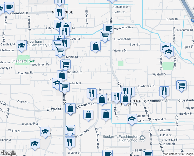 map of restaurants, bars, coffee shops, grocery stores, and more near 327 Thornton Road in Houston