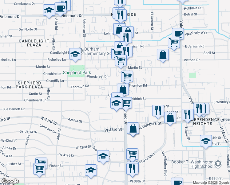 map of restaurants, bars, coffee shops, grocery stores, and more near 4617 North Shepherd Drive in Houston