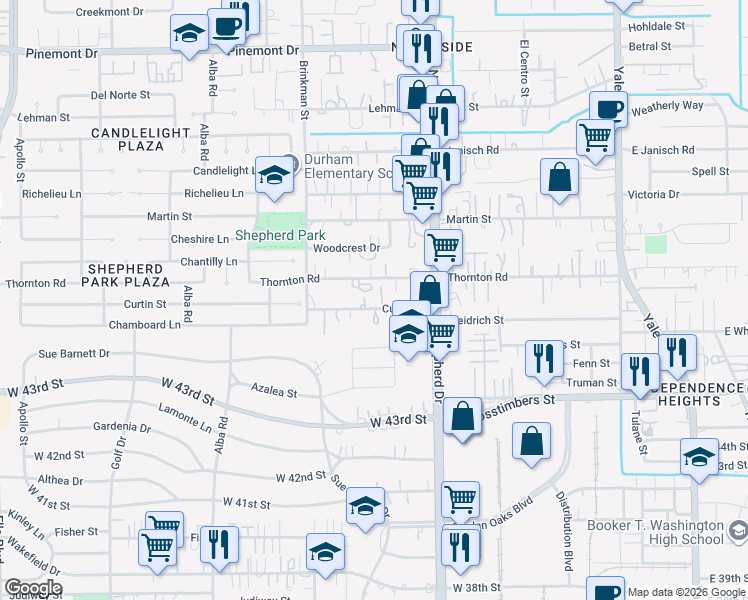 map of restaurants, bars, coffee shops, grocery stores, and more near 814 Curtin Street in Houston