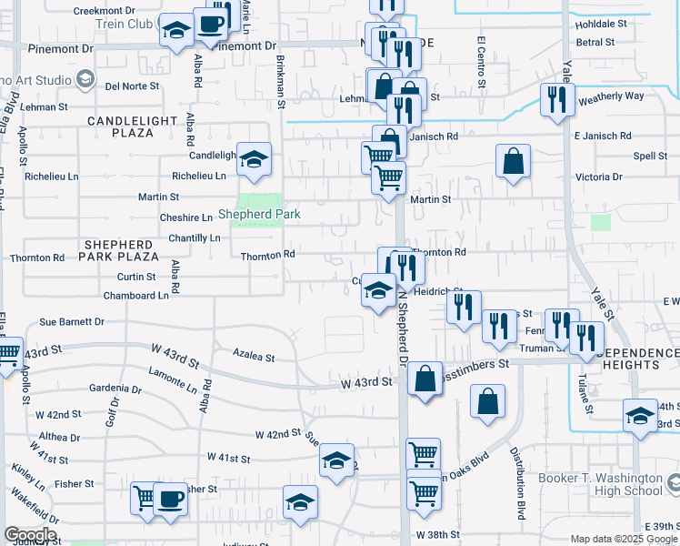 map of restaurants, bars, coffee shops, grocery stores, and more near 814 Curtin Street in Houston