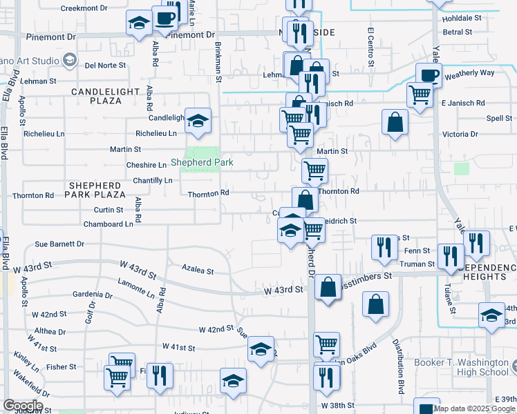 map of restaurants, bars, coffee shops, grocery stores, and more near 814 Curtin Street in Houston