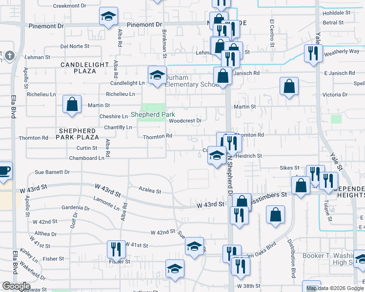 map of restaurants, bars, coffee shops, grocery stores, and more near 910 Curtin Street in Houston