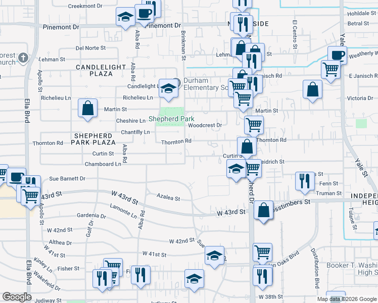 map of restaurants, bars, coffee shops, grocery stores, and more near 942 Curtin Street in Houston