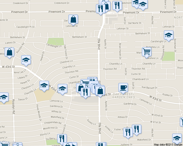 map of restaurants, bars, coffee shops, grocery stores, and more near 1235 Thornton Road in Houston