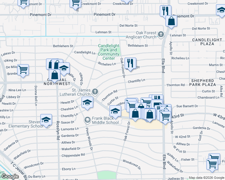 map of restaurants, bars, coffee shops, grocery stores, and more near 1507 Chantilly Lane in Houston