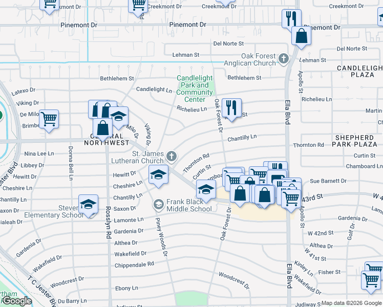 map of restaurants, bars, coffee shops, grocery stores, and more near 1507 Chantilly Lane in Houston