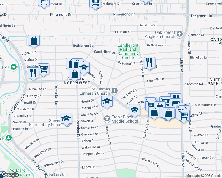 map of restaurants, bars, coffee shops, grocery stores, and more near 1558 Hewitt Drive in Houston
