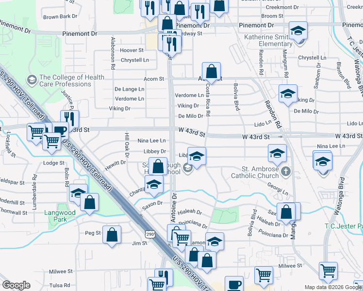 map of restaurants, bars, coffee shops, grocery stores, and more near 5414 Nina Lee Lane in Houston