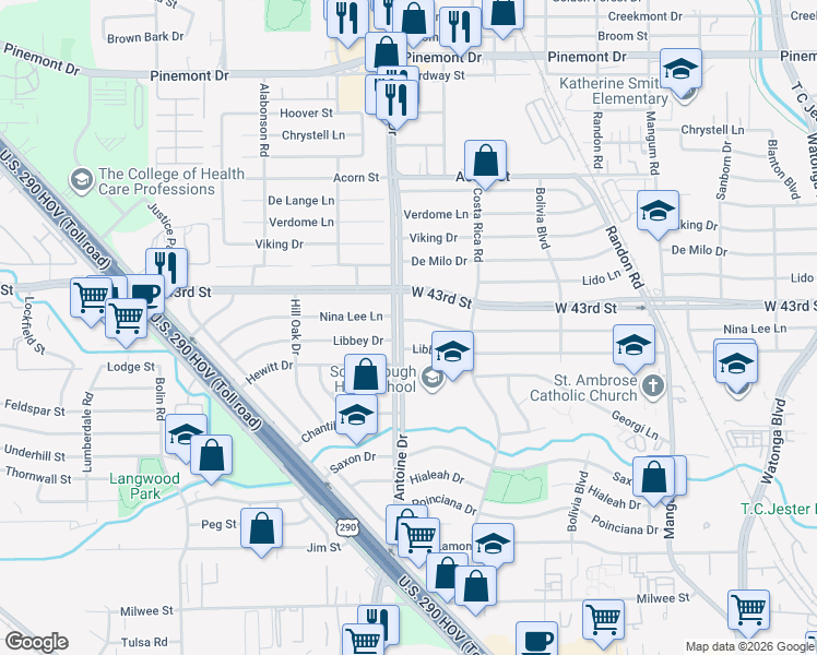 map of restaurants, bars, coffee shops, grocery stores, and more near 5414 Nina Lee Lane in Houston