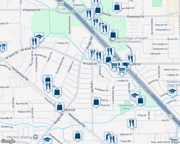map of restaurants, bars, coffee shops, grocery stores, and more near 6601 Midfield Drive in Houston
