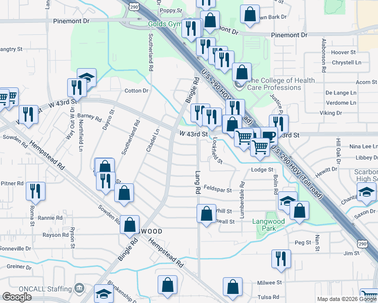 map of restaurants, bars, coffee shops, grocery stores, and more near 6621 Midfield Drive in Houston