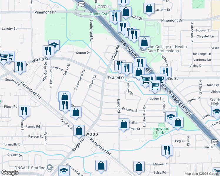 map of restaurants, bars, coffee shops, grocery stores, and more near 6621 Midfield Drive in Houston