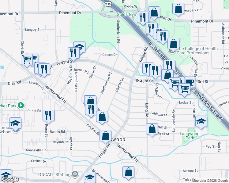 map of restaurants, bars, coffee shops, grocery stores, and more near 4109 Citadel Lane in Houston