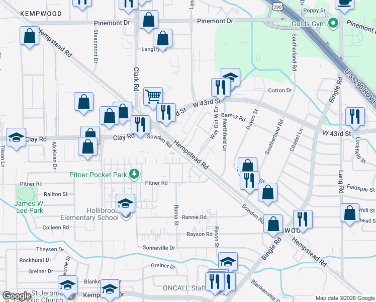 map of restaurants, bars, coffee shops, grocery stores, and more near 12642 Hempstead Road in Houston