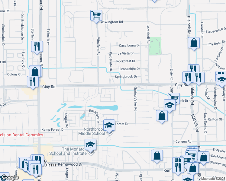 map of restaurants, bars, coffee shops, grocery stores, and more near 9830 Clay Road in Houston
