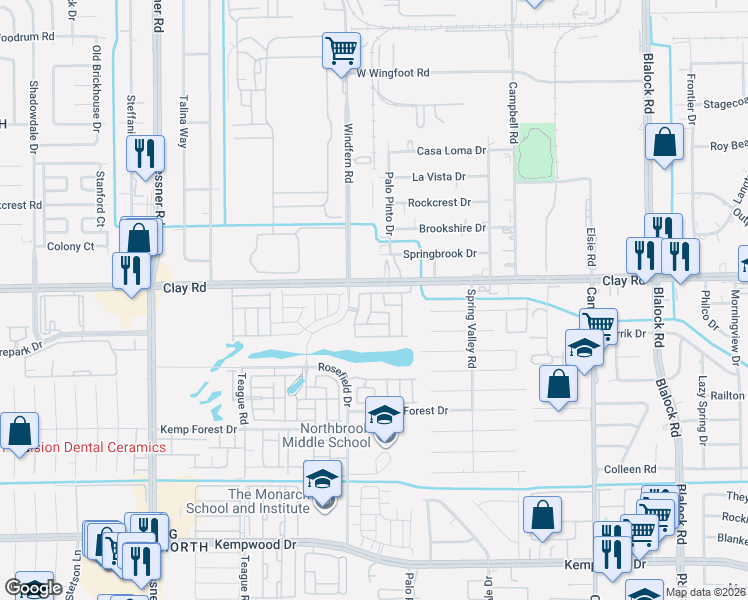 map of restaurants, bars, coffee shops, grocery stores, and more near 9869-9911 Clay Road in Houston