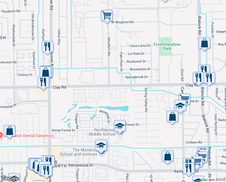 map of restaurants, bars, coffee shops, grocery stores, and more near 9869-9911 Clay Road in Houston
