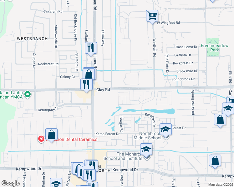 map of restaurants, bars, coffee shops, grocery stores, and more near 10017-10029 Clay Road in Houston