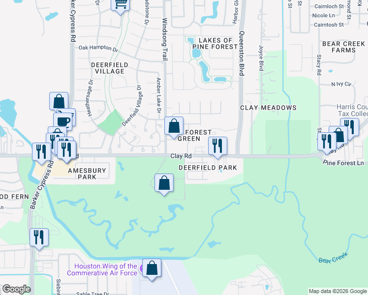 map of restaurants, bars, coffee shops, grocery stores, and more near 3818 Pine Forest Green Boulevard in Houston