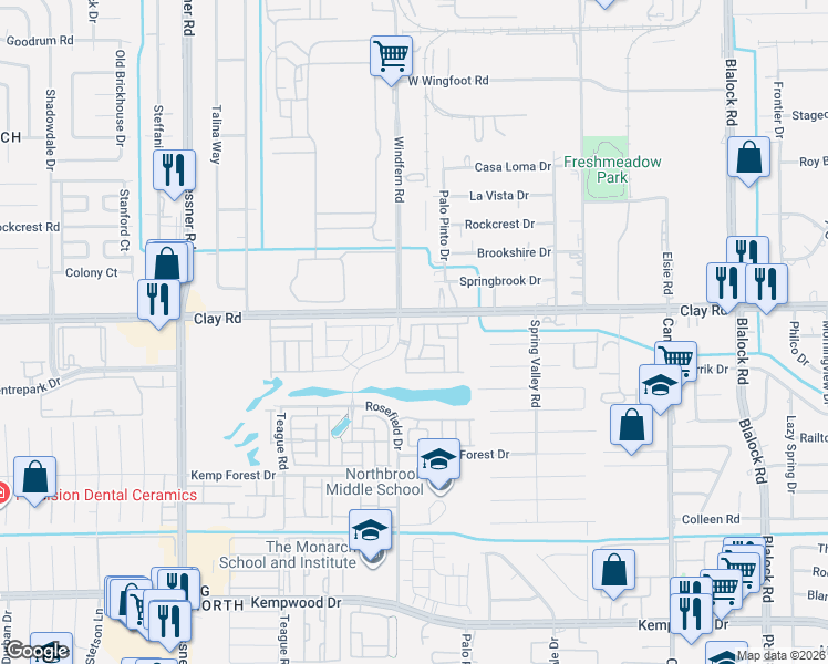 map of restaurants, bars, coffee shops, grocery stores, and more near 9869-9911 Clay Road in Houston