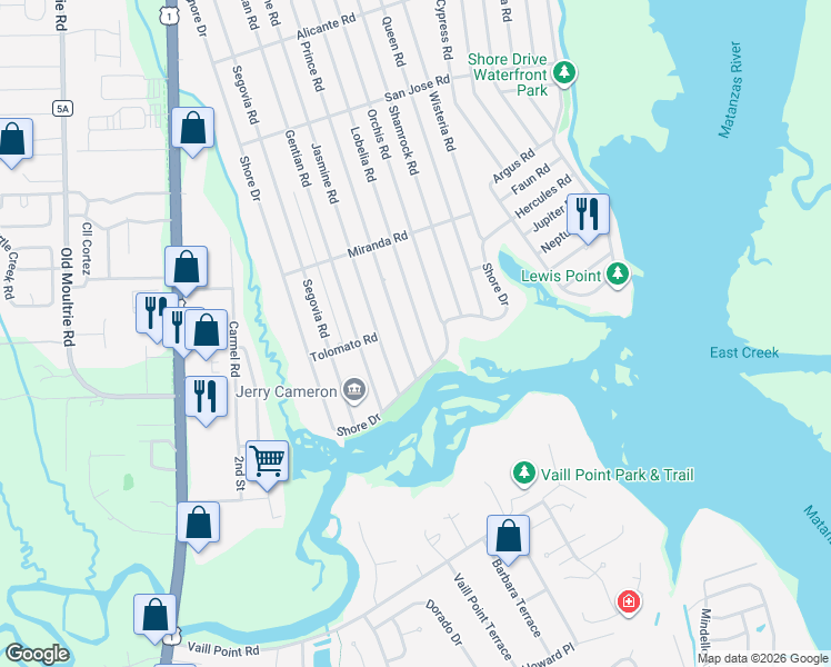map of restaurants, bars, coffee shops, grocery stores, and more near 1353 Prince Road in St. Augustine