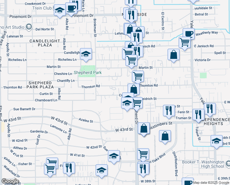 map of restaurants, bars, coffee shops, grocery stores, and more near 814 Curtin Street in Houston