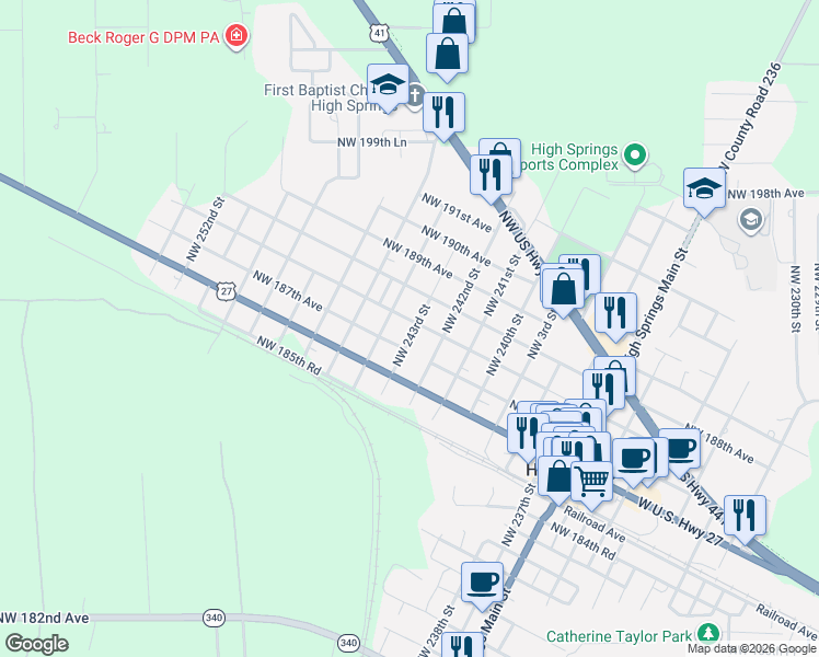 map of restaurants, bars, coffee shops, grocery stores, and more near 18734 Northwest 243rd Street in High Springs
