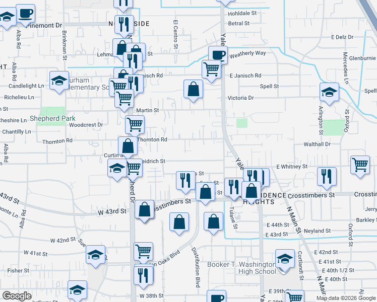 map of restaurants, bars, coffee shops, grocery stores, and more near 413 Thornton Road in Houston