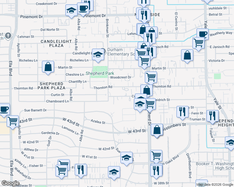 map of restaurants, bars, coffee shops, grocery stores, and more near 910 Curtin Street in Houston