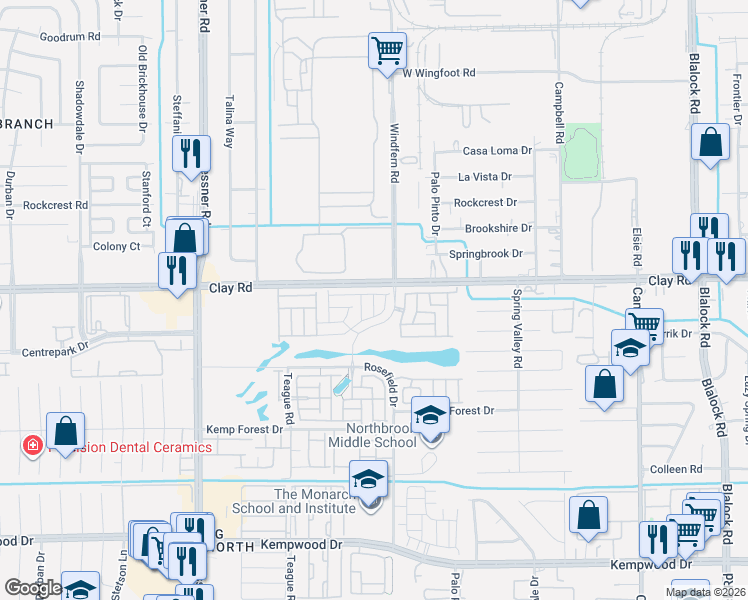 map of restaurants, bars, coffee shops, grocery stores, and more near 9929-9955 Clay Road in Houston