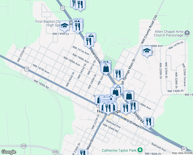map of restaurants, bars, coffee shops, grocery stores, and more near 415 Northwest 4th Street in High Springs