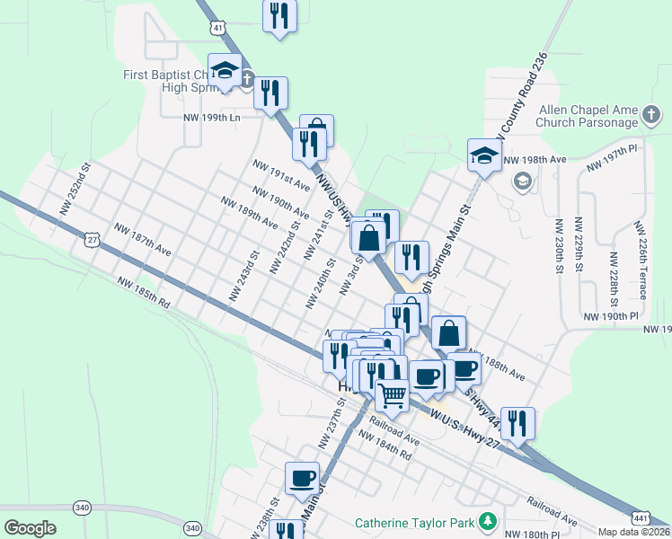 map of restaurants, bars, coffee shops, grocery stores, and more near 415 Northwest 4th Street in High Springs